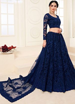 Cobalt Blue Designer Wedding Wear Embroidery Lehenga
