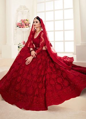 Dark Ruby Designer Wedding Wear Embroidery Lehenga