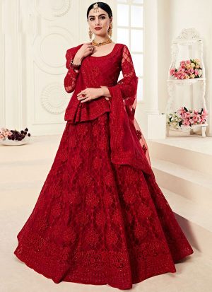 Dark Ruby Designer Wedding Wear Embroidery Lehenga