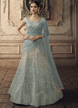 Cyan Designer Wedding Wear Embroidery Lehenga