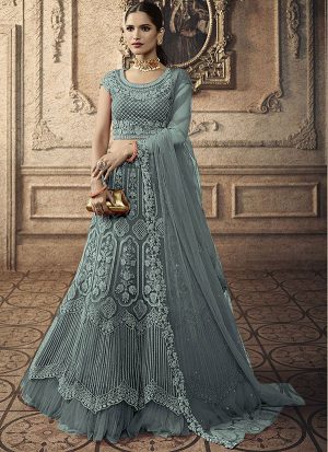 Dark Aqua Blue Designer Wedding Wear Embroidery Lehenga