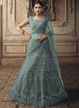 Dark Aqua Blue Designer Wedding Wear Embroidery Lehenga