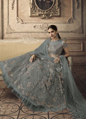 Grey Designer Wedding Wear Embroidery Lehenga