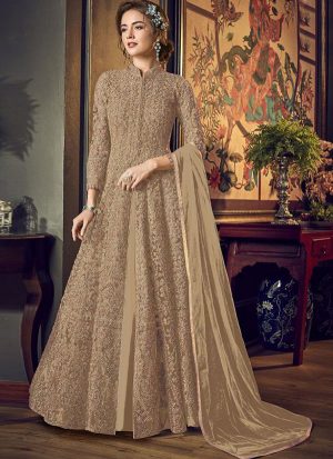 Beige Net Anarkali Salwar Kameez