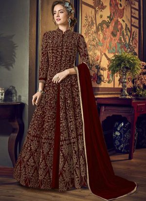 Maroon Net Anarkali Salwar Kameez