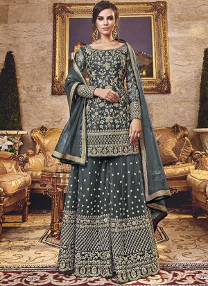 Grey Net Pakistani Salwar Kameez