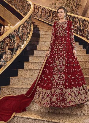 Maroon Net Pakistani Salwar Kameez