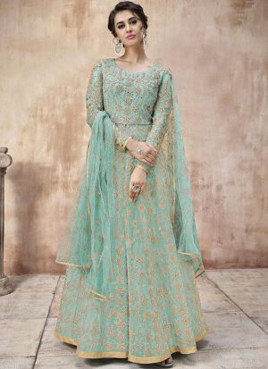 Turquoise Net Anarkali Salwar Kameez