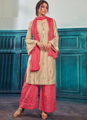 Beige Satin Pakistani Salwar Kameez