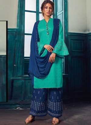 Turquoise Satin Pakistani Salwar Kameez