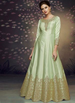 Lime Silk Blend Anarkali Salwar Kameez