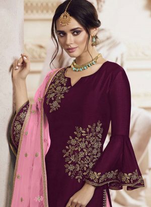 Wine Georgette Pakistani Salwar Kameez