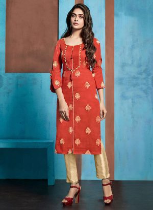 Red Jacquard Pakistani Kurtis