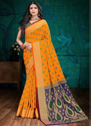 Dark Yellow Faux Silk Blend Party Wear Sarees