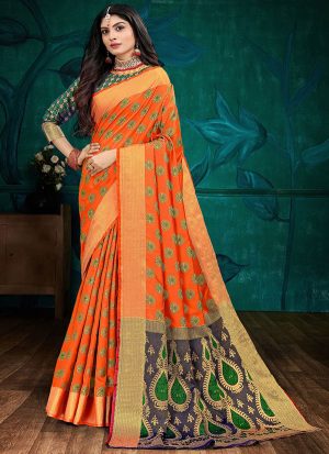 Dark Orange Faux Silk Blend Party Wear Sarees
