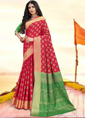 Blood Red Faux Silk Blend Party Wear Sarees