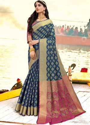 Indigo Faux Silk Blend Party Wear Sarees