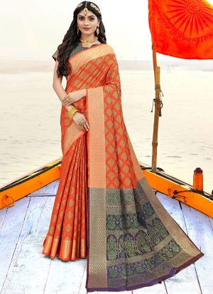 Dark Orange Faux Silk Blend Party Wear Sarees