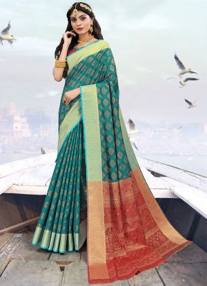 Dark Turquoise Faux Silk Blend Party Wear Sarees