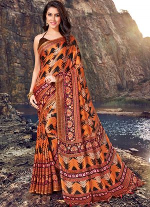 Dark Orange Jute Cotton Jute Sarees