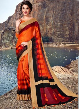 Dark Orange Jute Cotton Jute Sarees
