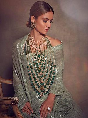 Pesta Green Sequence Work Georgette Bollywood Saree With Blouse