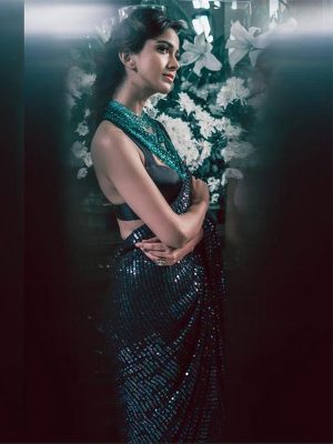 Mrunal Thakur Dark Green Sequins Bollywood Saree