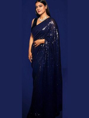 Kajol Rembo Sequence Work Designer Bollywood Blue Saree