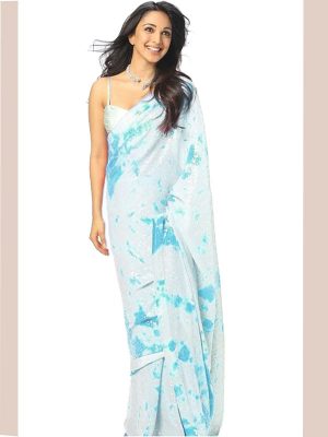 Kiara Advani In Printed Sky Blue Tie Dye Saree
