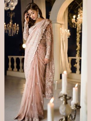 Grey Net Heavy Embroidered And Stone Work Wedding Saree