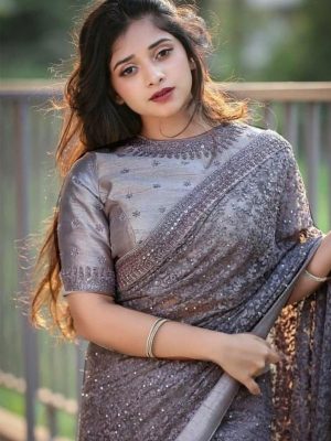 Grey Net Heavy Embroidered And Stone Work Wedding Saree