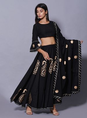 Black Printed Cotton Readymade Lehenga Cholis