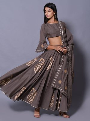 Grey Printed Cotton Readymade Lehenga Cholis