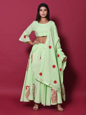 Green Printed Cotton Readymade Lehenga Cholis