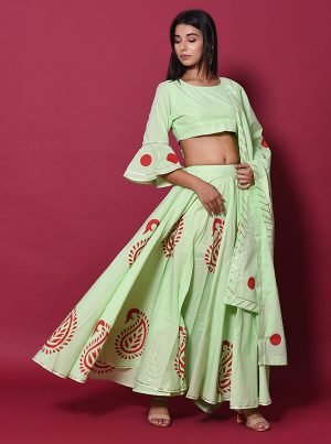 Green Printed Cotton Readymade Lehenga Cholis