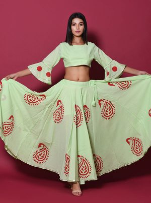 Green Printed Cotton Readymade Lehenga Cholis