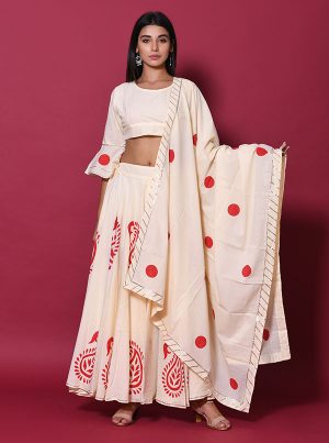 Beige Printed Cotton Readymade Lehenga Cholis