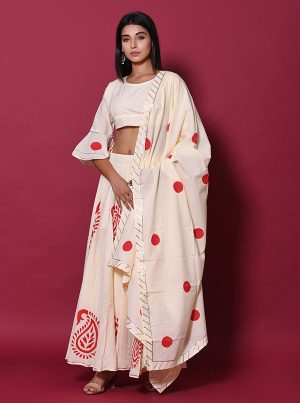 Beige Printed Cotton Readymade Lehenga Cholis