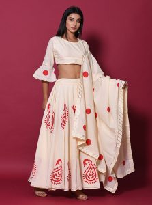 Beige Printed Cotton Readymade Lehenga Cholis