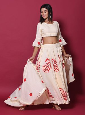 Beige Printed Cotton Readymade Lehenga Cholis