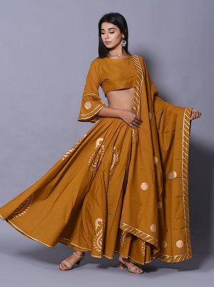 Yellow Printed Cotton Readymade Lehenga Cholis