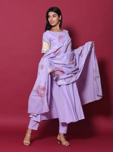 Purple Block Print Cotton Kurta Sets