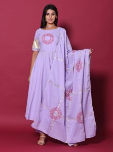 Purple Block Print Cotton Kurta Sets