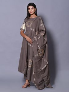 Grey Block Print Cotton Kurta Sets