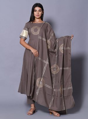 Grey Block Print Cotton Kurta Sets