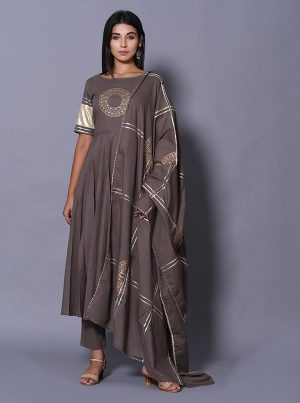 Grey Block Print Cotton Kurta Sets