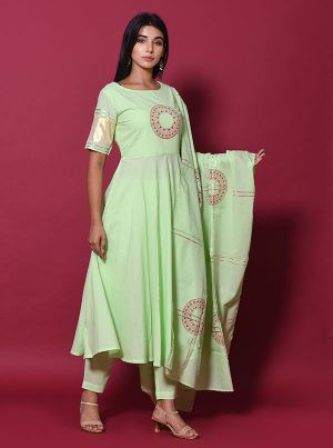 Green Block Print Cotton Kurta Sets