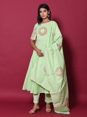 Green Block Print Cotton Kurta Sets