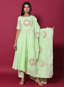 Green Block Print Cotton Kurta Sets