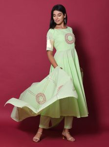 Green Block Print Cotton Kurta Sets